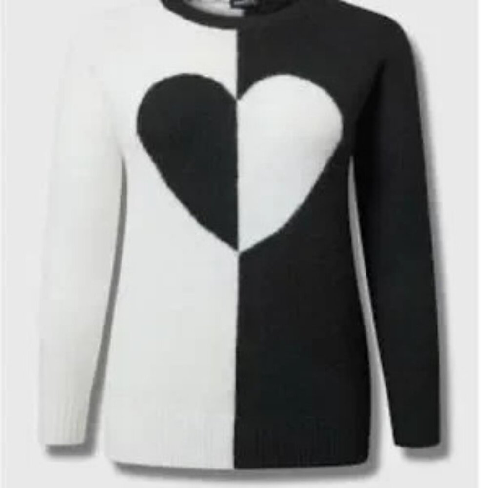 Torrid NWT 1 Black & White Split Heart Sweater Pullover Vegan Cashmere Crew - Picture 2 of 3